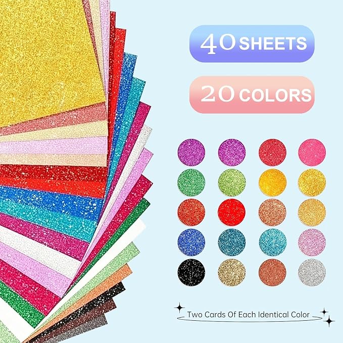 40 Sheets A5 Glitter Cardstock, 20 Colors, Greeting Card, Scrapbook, DIY