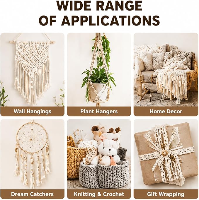 Natural Cotton Macrame Rope - 3mm x 109Yards (328Feet), 4 Strands Twisted Cotton Cord for Wall Hanging, Plant Hangers, Crafts, Gift Wrapping and Wedding Decorations, Beige