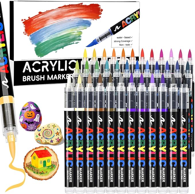 36 Colors Acrylic Paint Markers Brush Tip, Colored Paint Pens Set with Direct-Liquid Ink Control System, Water-Based Coloring Markers for Pumpkin Decorating Kit, Rock, Fabric, Wood, Wood, Art Supplies