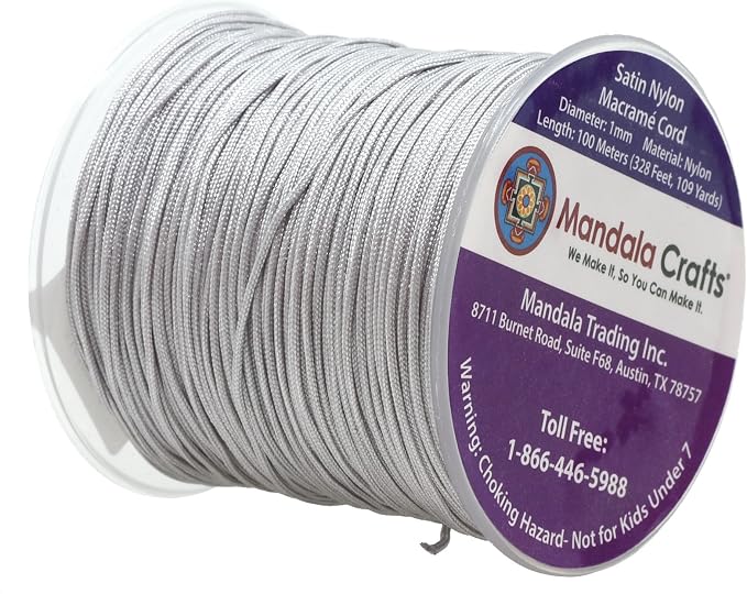 Mandala Crafts 1mm Silver Rattail Nylon Satin Cord for Jewelry Making