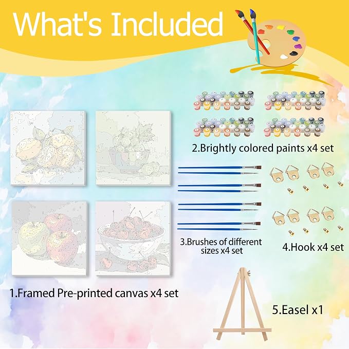 Ycydilirab 4 Pack Fruit Paint by Numbers Kit for Adults with Framed Wooden Easel - Fruit Adult Paint by Number,Paint by Number Canvas for Adults Gifts Home Wall Decor 8×8 inch