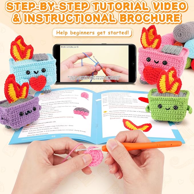 Crochet Kit for Beginners, 4PCS Dumpster Fire Crochet Starter Kit