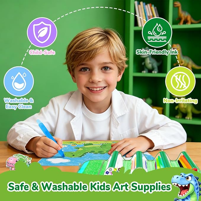 DreamyCandy 72 Pcs Washable Markers Set for Kids 4-8, Dinosaur Art Set Gift