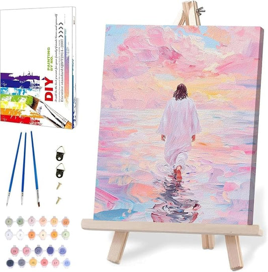 Jesus Paint by Numbers Kit for Adults Framed Canvas, with Wooden Easel