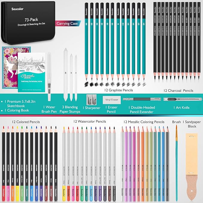 Soucolor 73Pcs Art Supplies Drawing Kit Sketch Pencils Set Adults Gift | 73-Piece Art Set Includes Sketch Book, Coloring Book, Graphite Pencils, Watercolor Pencils & Portable Case for Artists