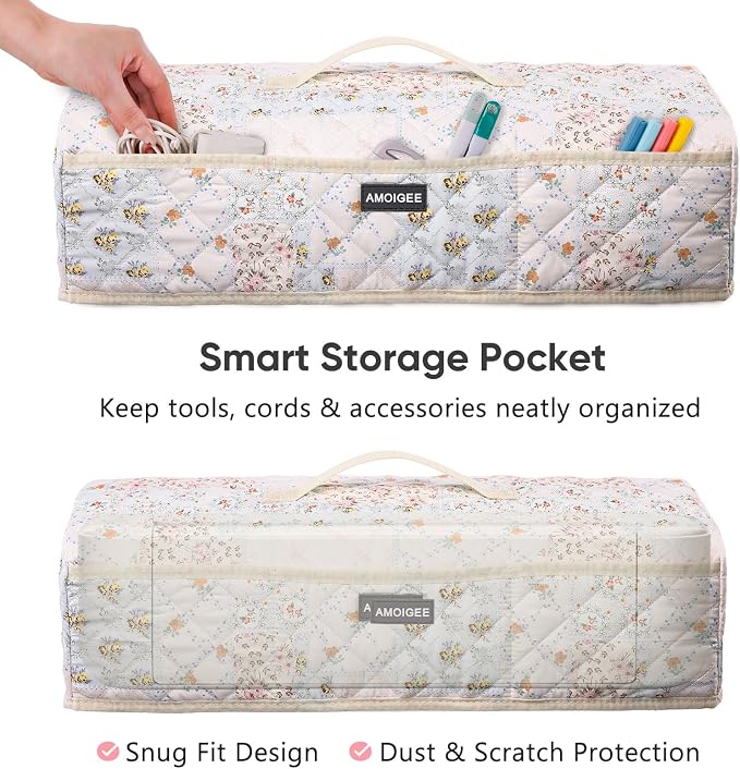 AMOIGEE Dust Cover for Latest Cutting Machine Cricuttt Explore 5, Quilted Protective Cover with Storage Pockets for Cutting Machine, Floral Fabric Anti-Dust Cover for Craft Machine Organizer