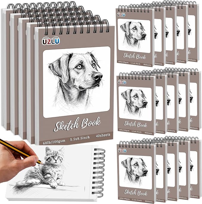 UZLU 20 Pcs Sketch Books Bulk 5.5 x 8.5 in 800 Sheets Top Spiral Bound Sketch Pad Drawing Paper 40 Sheets Each Acid Free Mixed Media Sketchbook 68lb/100gsm Art Supplies for Beginner Artist