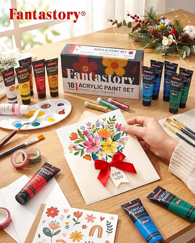 Fantastory 36ml 18 Colors Professional Acrylic Paint Set with 10 Brushes | Designed for Demanding Projects on Canvas, Wood, Stone, and Model Building