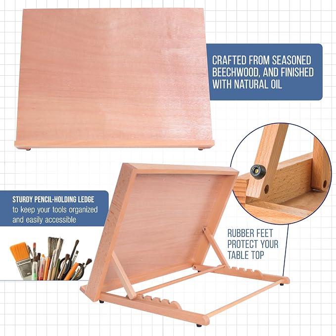 U.S. Art Supply Large 18-1/2" x 14-1/8", A3 Wooden Drawing Board Adjustable | Table Top Easel for Painting and Drawing - Drafting Board with 6 Angles, Pencil Ledge