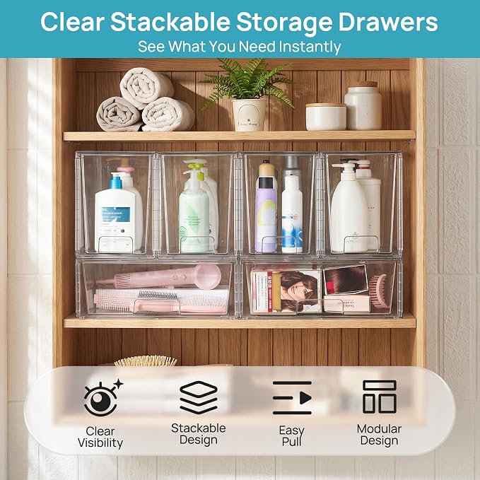 Vtopmart Clear Stackable Storage Drawers, 6 Pack Wide Tall Set