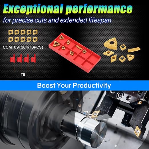 Indexable Lathe Turning Tool 1/2" 12mm Shank 14PCS Kit, 4PCS Metal Lathe Tools Holder 10PCS CCMT09T304 Carbide Insert for Turning Boring Grooving, SCMCN1212H09/SCLCL1212H09/SCLCR1212H09/S12M-SCLCR09