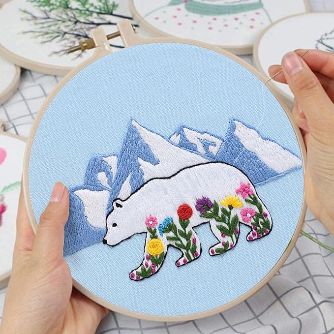Louise Maelys Glacial Polar Bear and Flowers Embroidery Kit DIY Craft | Pre-Printed Fabric, Hoop, Threads, Needles & Guide for DIY Needlepoint Kit and Cross Stitch Starter Kit for Adults