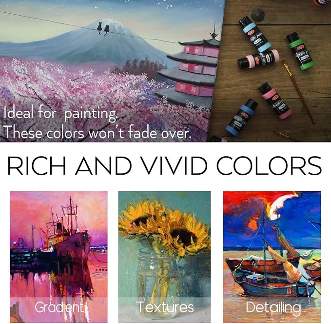 Acrylic Paint Set of 12 Colors 2fl oz 60ml Bottles,Non Toxic 12 Colors Acrylic Paint No Fading Rich Pigment for Kids Adults Artists Canvas Crafts Wood Painting