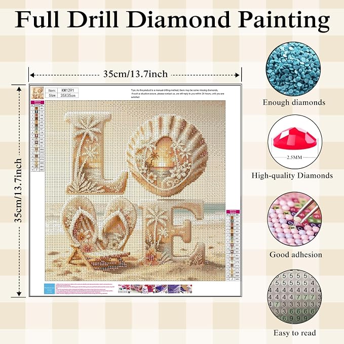 Beach LOVE Diamond Painting Kit for Adults,Coastal Sunset Diamond Art Kits | DIY Full Round Drill Gem Painting Seaside Scenery Paint by Diamonds Relaxing Craft for Home Wall Decor 13.7x13.7In