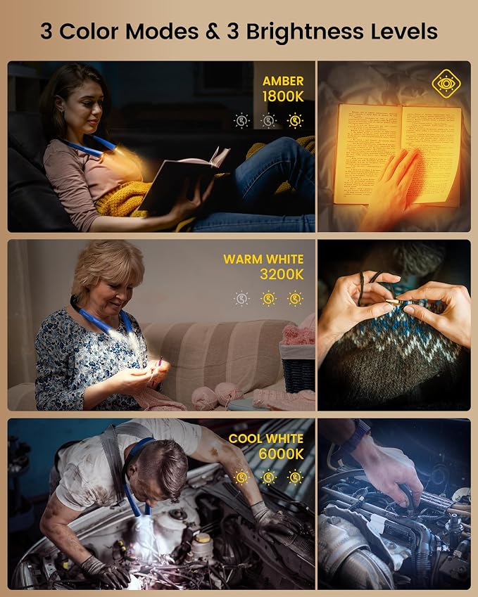 Glocusent Upgraded LED Neck Reading Light, Book Light for Reading in Bed | 30-min Timer, 3 Colors & 3 Brightness, Rechargeable, Eye-Caring Perfect for Women, Knitting,Crocheting, Repairing,Christmas