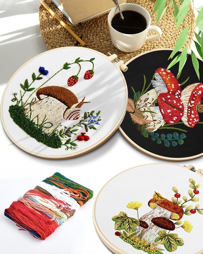 Embroidery Kit for Adult, 5 Sets Mushroom Embroidery Kit for Beginners | Include Embroidery Cloth Hoops Threads for Craft Lover Hand Stitch with Embroidery Skill Techniques