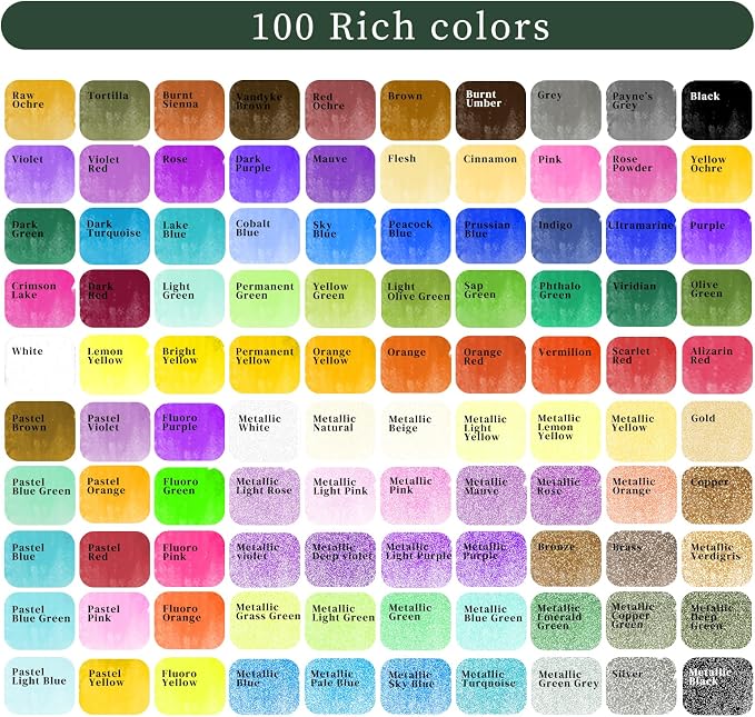 Artecho 100 Colors Watercolor Paint Set with Metallics, Portable Tin Case | 51 Classic, 35 Metallic, 4 Fluorescent & 10 Macaron/Candy Colors; Watercolor Paper and Brushes for On-the-Go Painting