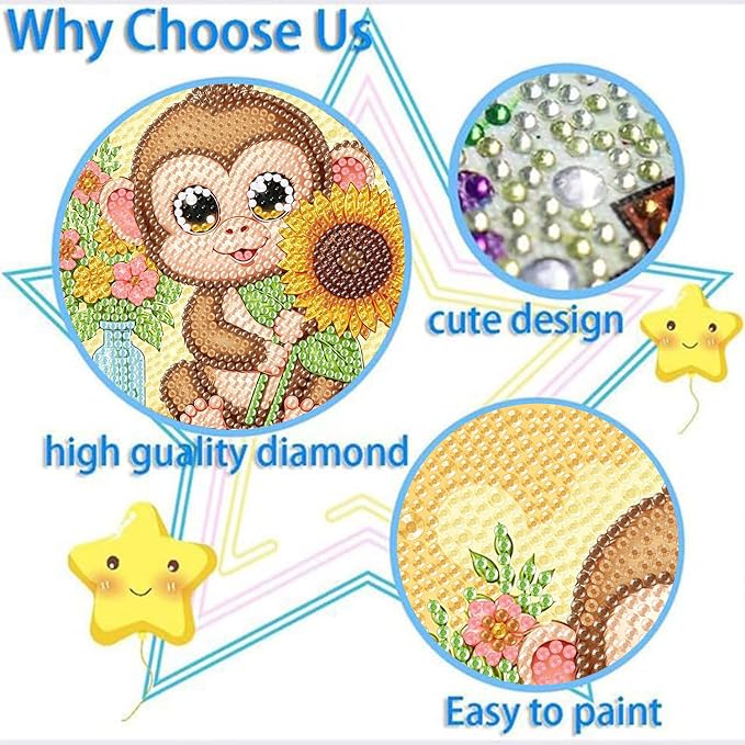 ajepon Monkey Diamond Art Kits for Kids with Frame, Animal Diamond Art for Kids Ages 8-12, Monkeys Diamond Painting Kits for Kid with Beautiful Package for Gift Home Wall Decor (7x7inch)