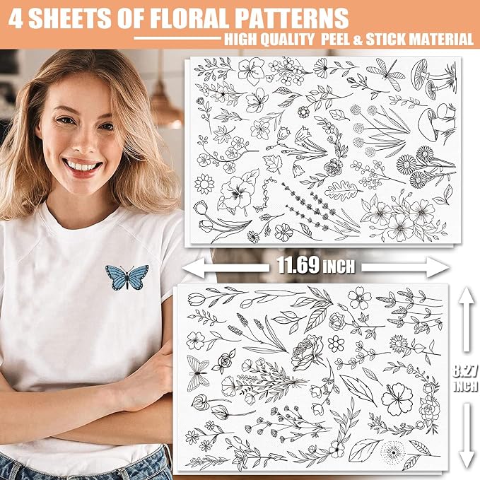 Patemby Embroidery Pattern Water Soluble Embroidery Stabilizers, Stick and Stitch Embroidery Paper Wash Away with Pre-Printed Pattern Designs Stencils Transfers for Hand Sewing Lover Beginner