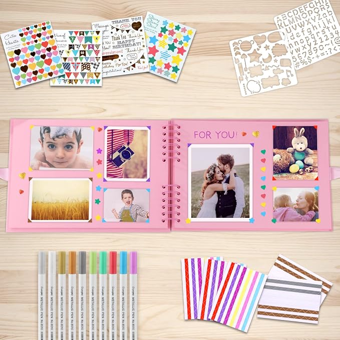 Gotideal 80 Pages Scrapbook Album with 10 Metallic Markers, Pink | Craft Paper Photo Album for Wedding and Anniversary, Family DIY Scrapbook Accessories with Scrapbooking Stickers Corners