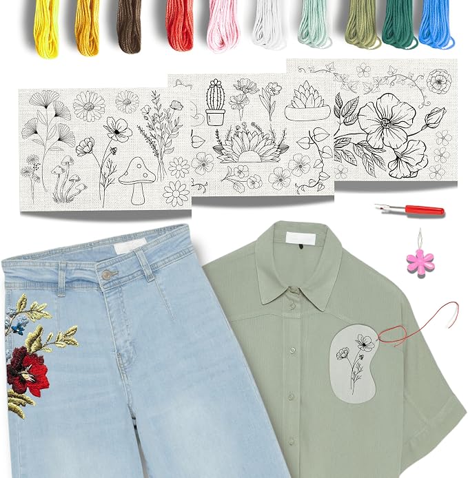 Easy Clothing Embroidery Kit - 34 Water Soluble Stick & Stitch Designs - Embroidery Kit for Clothes Starter Pack, Beginners All Inclusive Kit for Clothing Embroidery