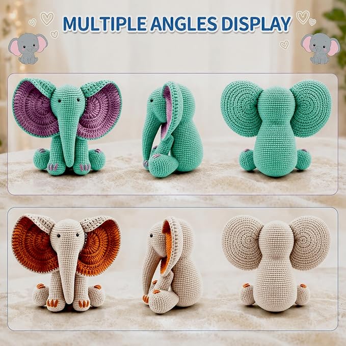 JYZJDKE Crochet Kit for Beginners Adults - DIY Amigurumi Elephant Knitting Starter Kit with Yarn Sets, Crochet Animal Kit Cute Stuffed Animal Craft Birthday Gifts (Beige White+Tiffany Green Elephant)
