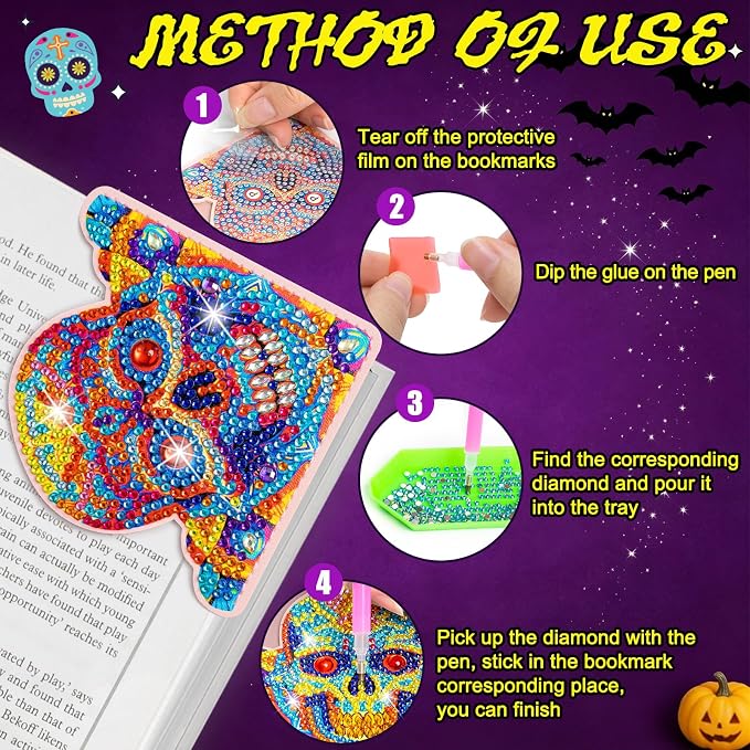 WIVICO 4Pcs Diamond Painting Bookmarks, Diamond Pearl Art Kits for Adults | DIY Diamond Dots Paint By Numbers Kit,Gifts for Book Lovers(Halloween Skull)
