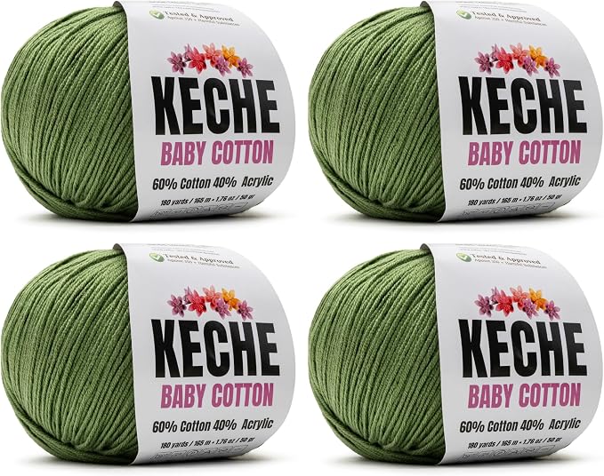 Keche Baby Cotton, 60% Cotton 40% Acrylic Yarn, Soft Cotton Yarn for Crochet and Knitting, Amigurumi Yarn 4 Skeins/Balls [1.76 Oz (50g) / 180 Yrds (165m)] x 4 - Olive Green