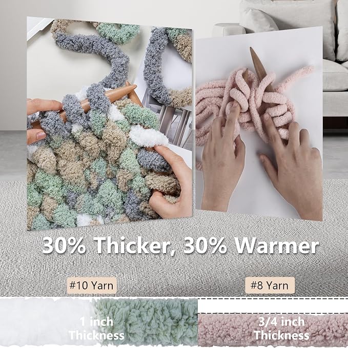 Cozyful Chunky Yarn for Hand Knitting - #10 Chunky Chenille Blanket Yarn, Jumbo Big Thick Chunky Yarns for Crocheting, Tie Dye Bulky Knit Yarns, 8 Skein (20 yds 8 oz Each Skein), Cream&Sage&Grey&Khaki