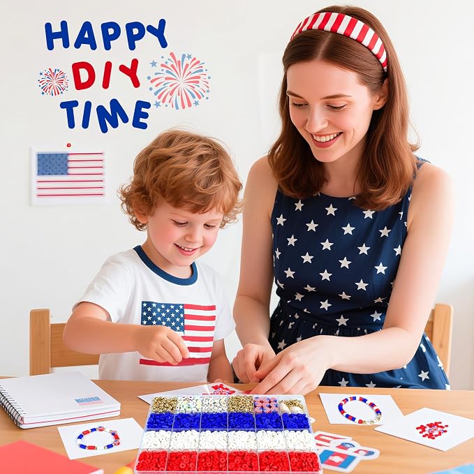 Redtwo 4th of July Red White and Blue Clay Beads Bracelet Making Kit | with Letter Beads, Patriotic Beads for Jewelry Making for Independence Veterans Day Party Favors, DIY Gifts with America Flag