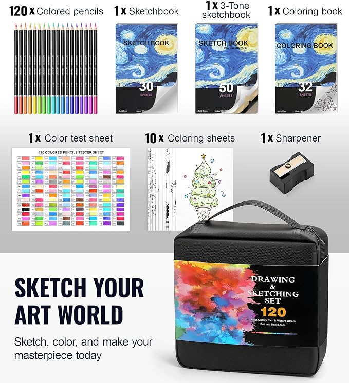 TMOL 120 Pack Colored Pencils for Adult Coloring Books, Soft Core Oil Based Color Pencils with Sketch Book, Color Book, Art Supplies with Zipper Case, Gifts for Adults, Artists, Professionals