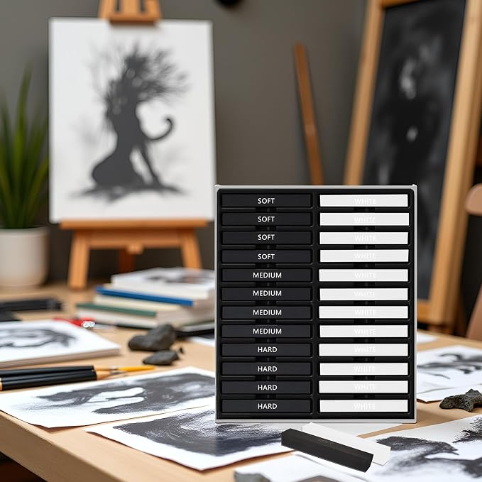 24 Pcs Compressed Charcoal Sticks with Soft, Medium, Hard and White Charcoal, Square Charcoal Stick Kit for Drawing, Sketching and Shading (12 Black and 12 White)