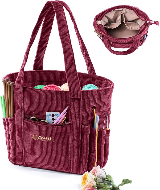 MYBAGZING Crochet Bag and Tote - Corduroy Yarn Bag - Yarn Holder for Crocheting - Crochet Storage Bag for Crochet Hooks, Crochet Accessories, Knitting Bag for Crochet Lovers, Mother's Day Gift