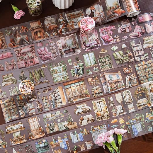 6Pcs Living Theme PET Tapes, Home Tapes for Journaling, Scrapbook Supplies, and Junk Journal Ephemera, with Decorative Clip