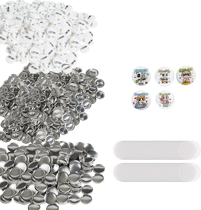 VEVOR 500 Sets 1 inch 25mm Pin Back Button Parts for Button Maker Machine, DIY Round Button Badge Parts, Set Includes Metal Top, Plastic/Metal Button, Clear Film, and Blank Paper for Gifts Presents
