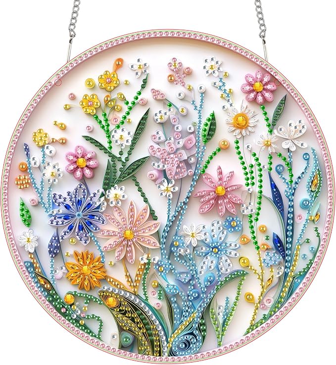 SKRYUIE Flower Hanging Diamond Art Kits for Adults Pendant Suncatcher, Special Shaped Crystal DIY Pearl Diamond Painting Kit, Gift for Mother Spring Summer Window Wreath Decor 7.87 x 7.87 Inch