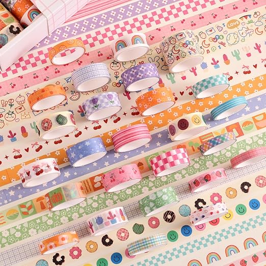 PAGEMORE 32 Rolls Colorful Cute Floral Writable Washi Tape Set, Decorative Tapes for Scrapbooking and Journaling, Junk Journal Supplies, Bullet Journaling for Women Girl 5-30mm Wide 9.84ft Long/Roll