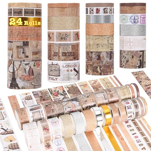 24 Rolls Flower Decorative Washi Tape Set(Retro Medieval Series) | Adhesive Wahi Tape For DIY Art Crafts,Planners, Bullet Journaling,Gift Wrapping,Scrapbooking and Junk Journal Supplies