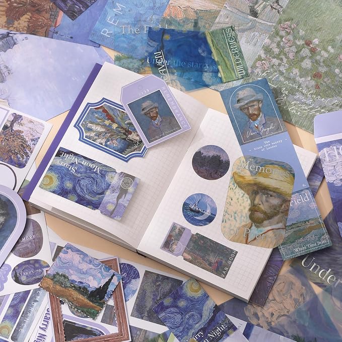 Van Gogh Scrapbook Photo Album Supplies Kit with Tweezers and Glue Tape, Aesthetic Vintage Junk Journal Scrapbooking Paper, Sticker Pack, Notebook Craft Supplies, DIY Gift for Adult Men (Oil Painting)