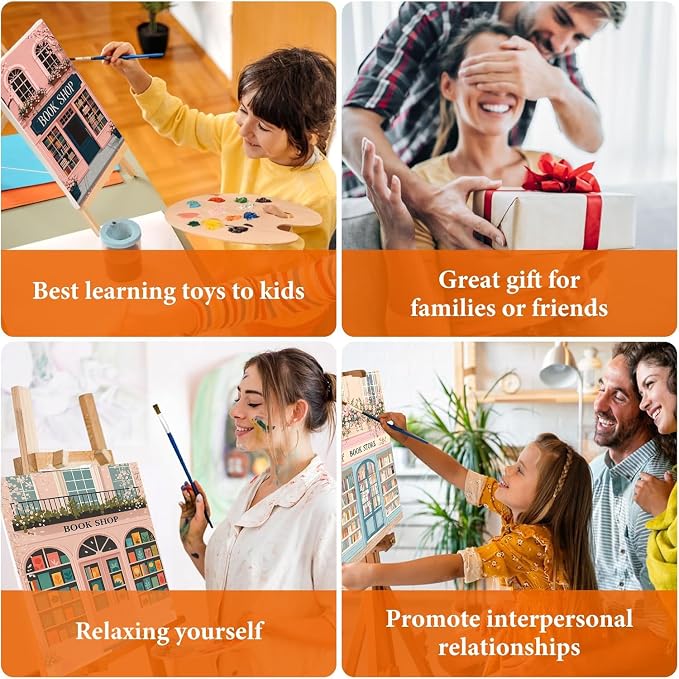 4 Pack Book shop Paint by Numbers Kit for Adults with Frame, Easy Bookstore Paint by Number for Adults Beginner with Wooden Easel, DIY Painting by Numbers Canvas Framed for Home Decor 8 x 12 Inch