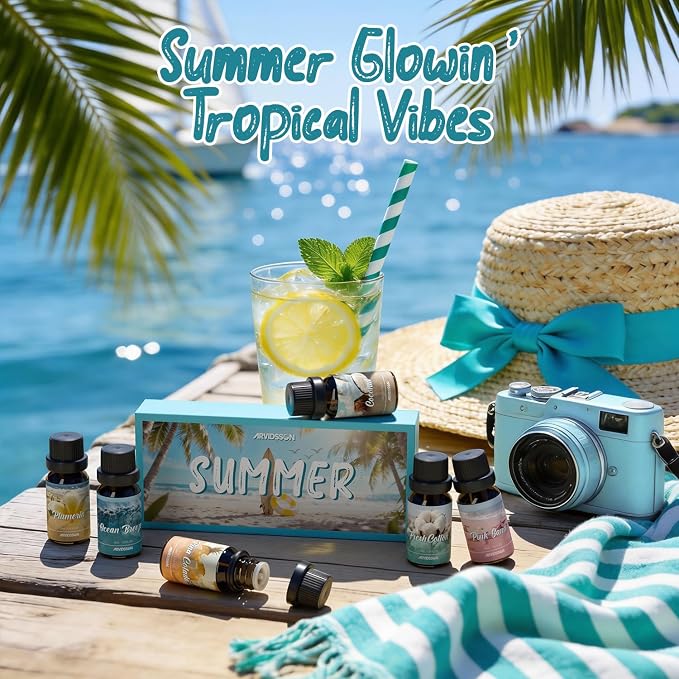 ARVIDSSON Summer Essential Oils Set, Tropical Fragrance Oil for Diffuser, Soap and Candle Making - Ocean Breeze, Pina Colada, Fresh Cotton, Pink Sand, Plumeria, Coconut, Scented Oil for Home