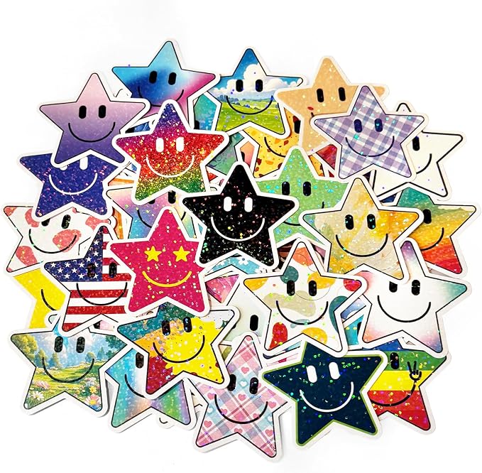 50PCS Smile Star Stickers, Glitter Stickers