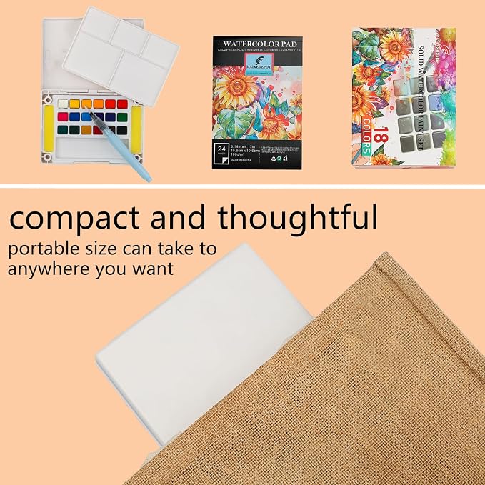 Watercolor Paint Set,Vivid Colors Travel Paint Set Graspable Painting Set Compact Size, Watercolor Kit with Water Brush Pens,24 Sheets Watercolor Papers,3 Online Tutorial Video - 18colors