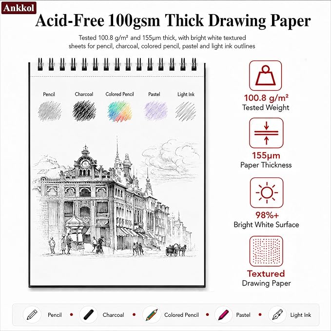 Ankkol Sketch Book 9x12, Top Spiral Bound Sketchbook,100 Sheets_68lb/100gsm | Art Sketch Pad for Kids, Adults, Beginners, Artists, Acid-Free Sketch Paper, Thick Drawing Paper, Hardcover, Perforated Pages