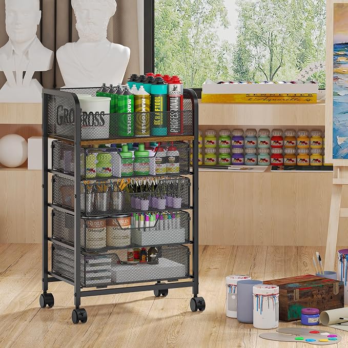 Yociyoga 5-Tier Craft Cart with Wheels-Rolling Storage Cart with Drawers,Rolling Utility Cart with DIY Divider,Art Supply Organizer Cart,Rolling Cart with Drawers,Craft Organizers and Storage,Black