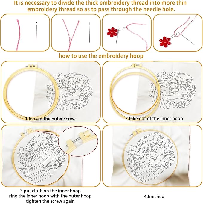 BEUNITONE 4 Set Embroidery Kits for Beginners with Dragon Pre-Print Patterns, DIY Craft Kits Include Instructions and 2 Embroidery Hoops, Cross Stitch Needlepoint Kits for Craft Lover and Home Decor