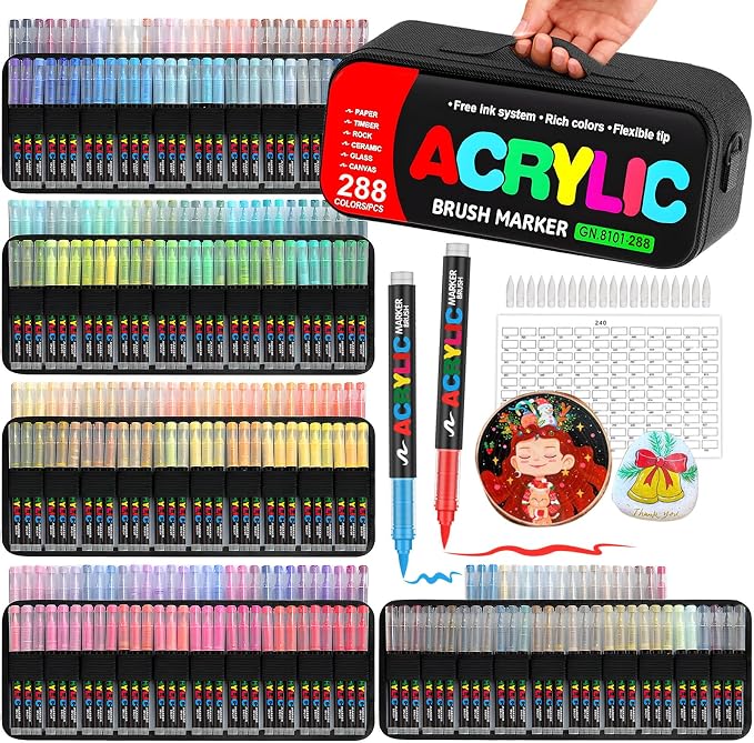 Amamao 288 Colors Brush Tip Acrylic Paint Markers with Bag for Rock, Wood