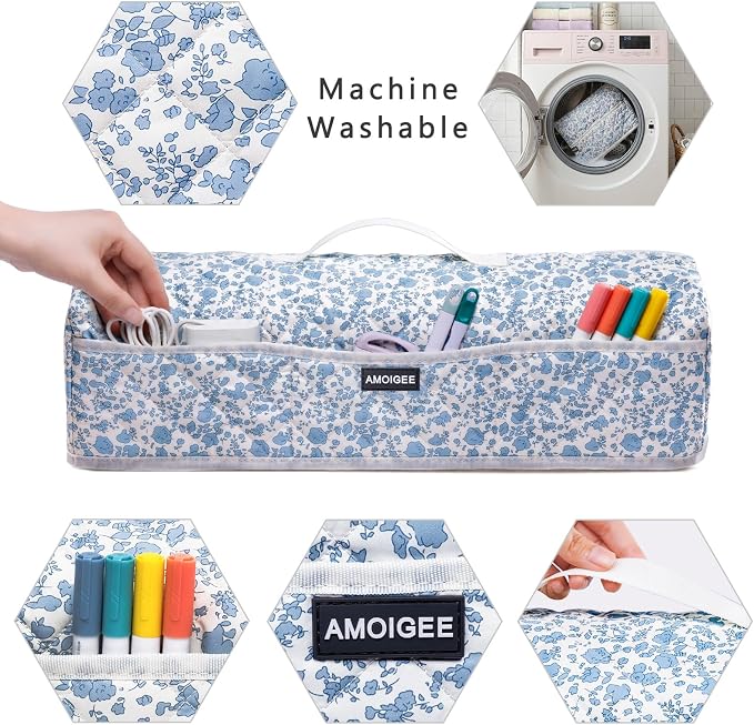 AMOIGEE Dust Cover for Cricuttt Maker 4 & Explore 4/3, Maker 3, Air 2, Quilted Protective Cover with Storage Pockets for Cutting Machine, Floral Fabric Anti-Dust Cover for Craft Machine Organizer