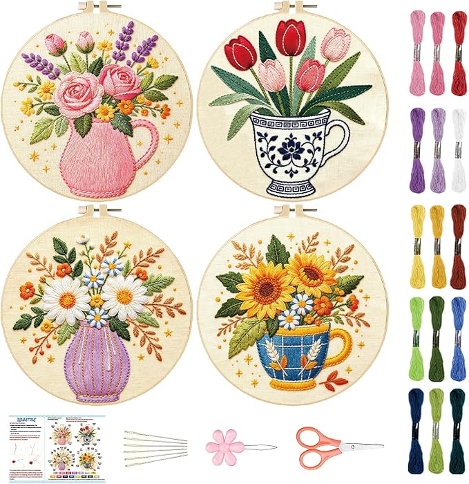 BEUNITONE 4 Set Embroidery Kits for Beginners, Flower Arrangement Design with Pre-Stamped Pattern Craft Kits Include Instruction and Hoops, 7.9x7.9 Needlepoint Kits for Festival Gifts and Home Decor