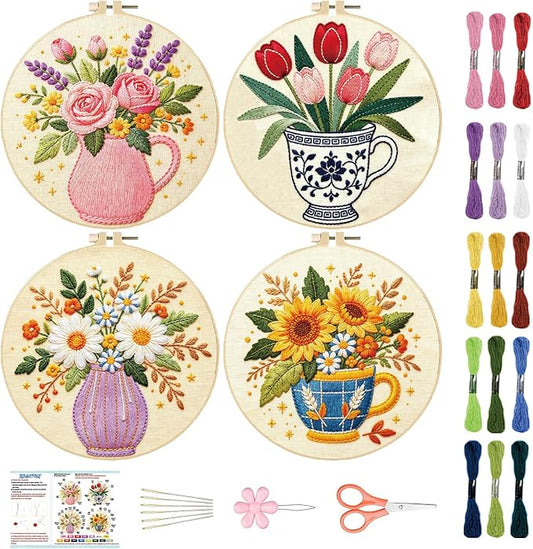 BEUNITONE 4 Set Embroidery Kits for Beginners, Flower Arrangement Design with Pre-Stamped Pattern Craft Kits Include Instruction and Hoops, 7.9x7.9 Needlepoint Kits for Festival Gifts and Home Decor